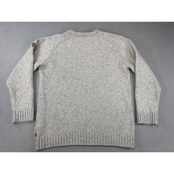 Men's Fjallraven Lada Round Crew Neck Sweater Large Beige Lambswool Pocket Logo - Picture 2 of 10